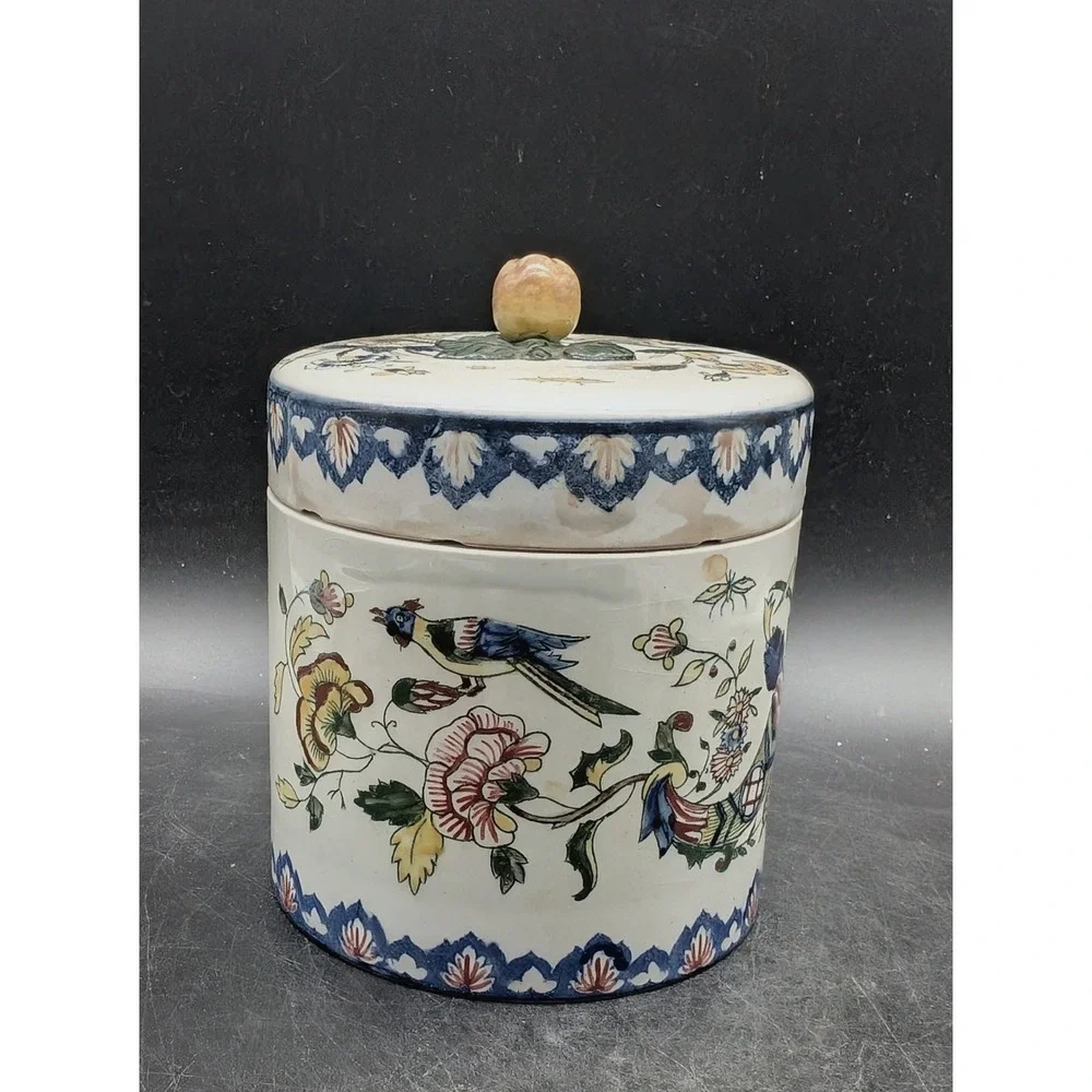Hand-Painted French Faience de Gien lidded Ceramic Jar Canister Polychrome As Is